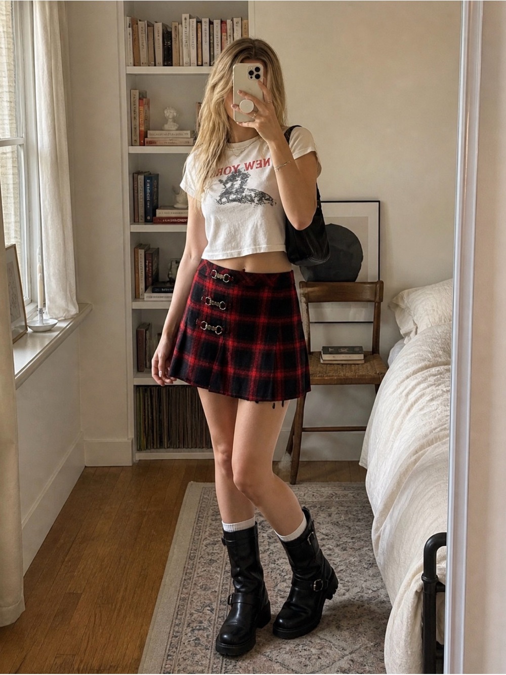 Y2K Plaid Red and Black Mini Skirt with Side Buckles S